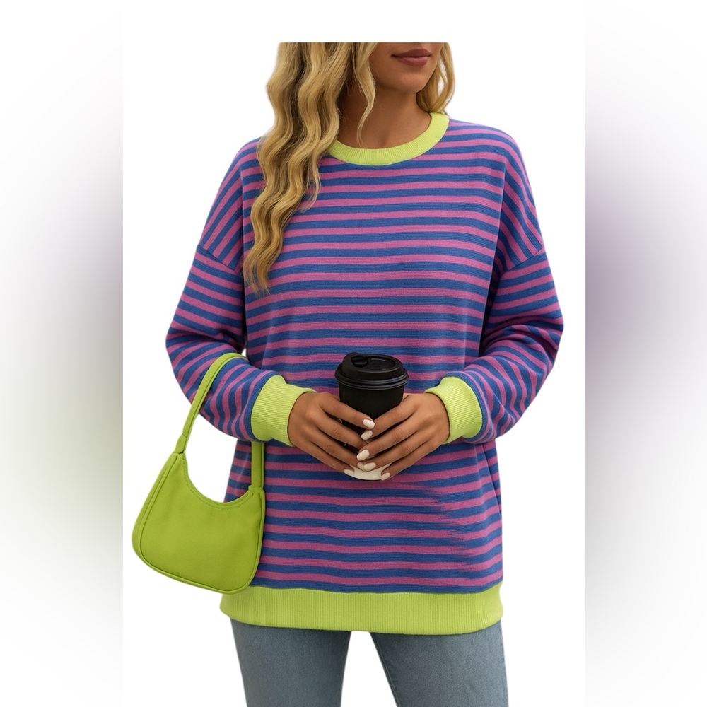 NWT Wiholl Striped Pink and Green Long Sleeve Sweater Oversized Medium